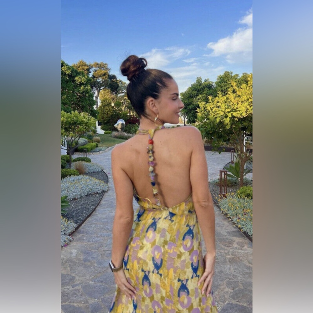 ZARA Yellow Floral Halter Maxi Dress M | Backless Summer Vacation Resort Dress - Picture 2 of 8